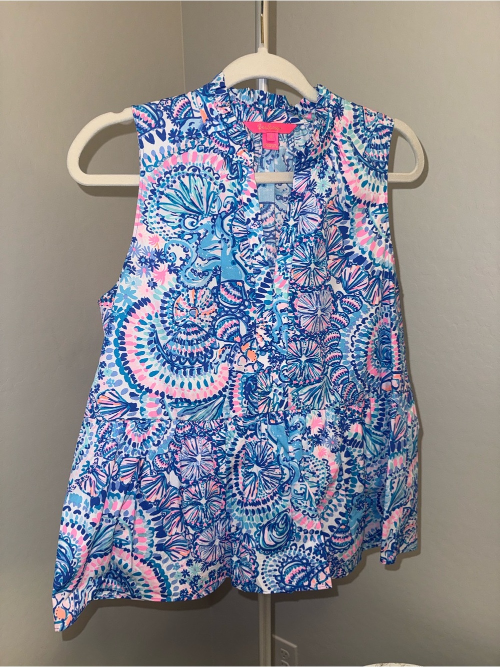 Lilly Pulitzer Sleeveless Ruffle V-Neck Top in Blue, Pink, White